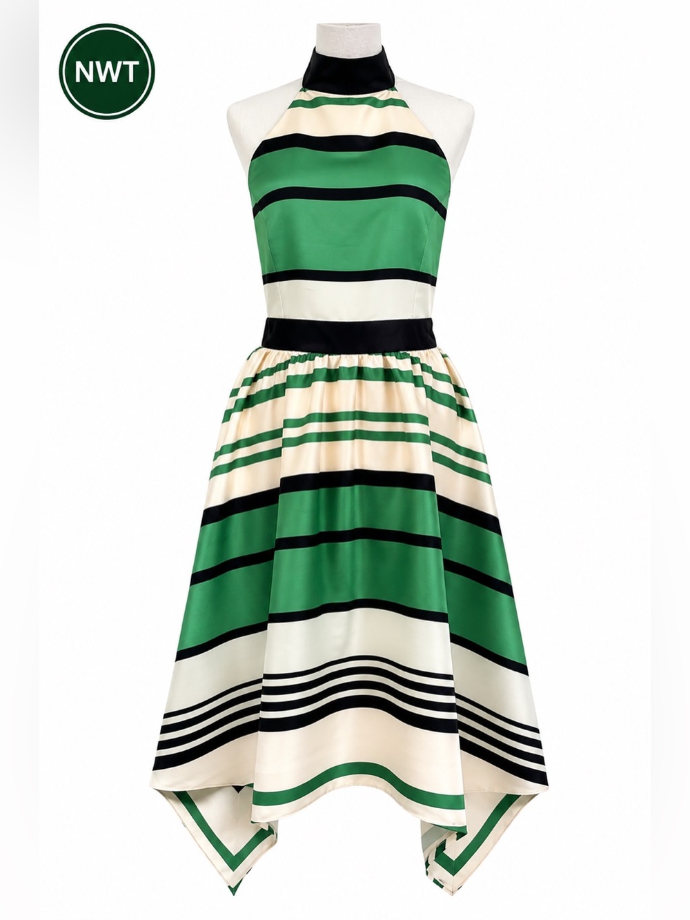 Troubadour Green Stripe Asymmetrical Halter Dress NWT